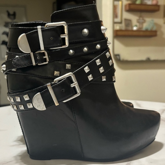 Shoes - BCBG BG-ASPEN BLACK FLAT ANKLE BOOTS WITH SILVER STUDS